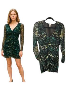 A New Day Ruched Floral Bodycon Dress Green Sheer Sleeve Size Medium